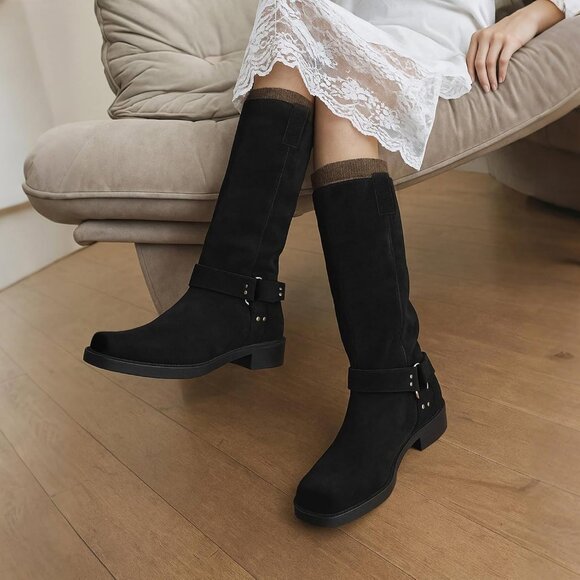 Women's Knee High Boots Slip On Riding Boots With Buckle Sexy Squared Toe - Picture 6 of 6